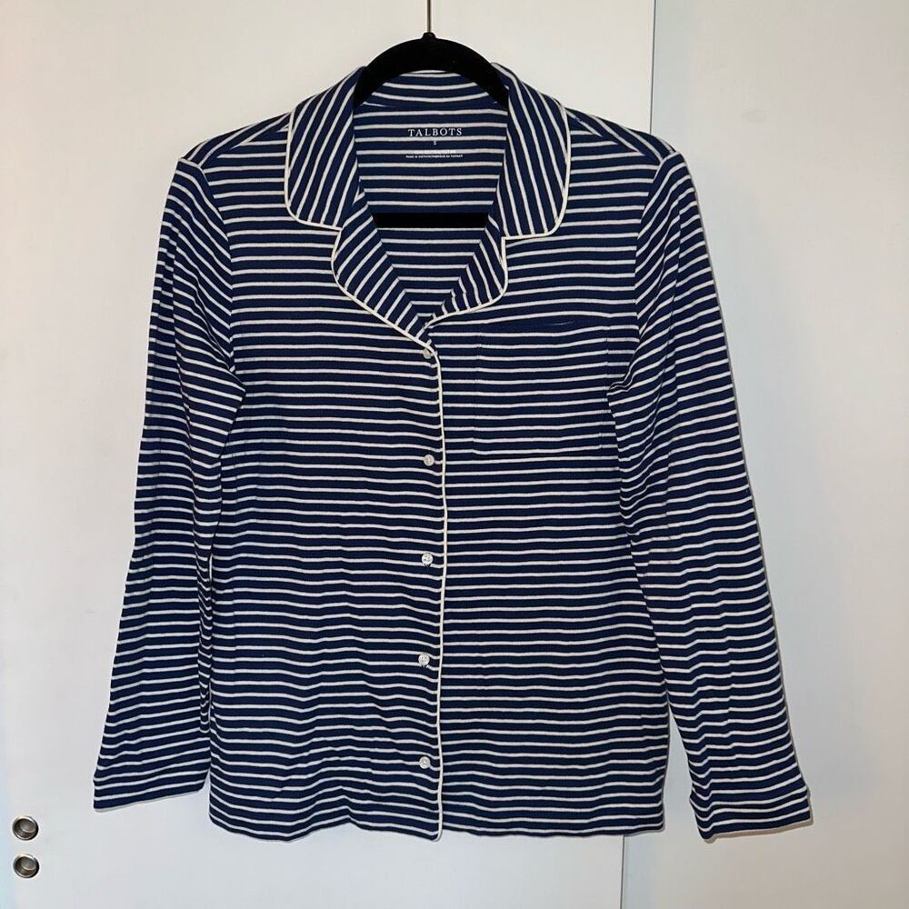 Talbots Women’s Collared Button Close Sleep Shirt Blue White Stripes EUC